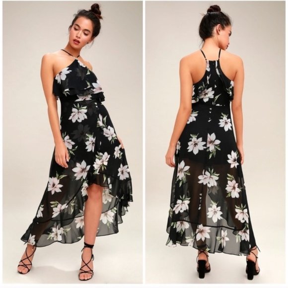 Lulu’s Divine Desire Blk Floral Hi Low Size L - Picture 1 of 7